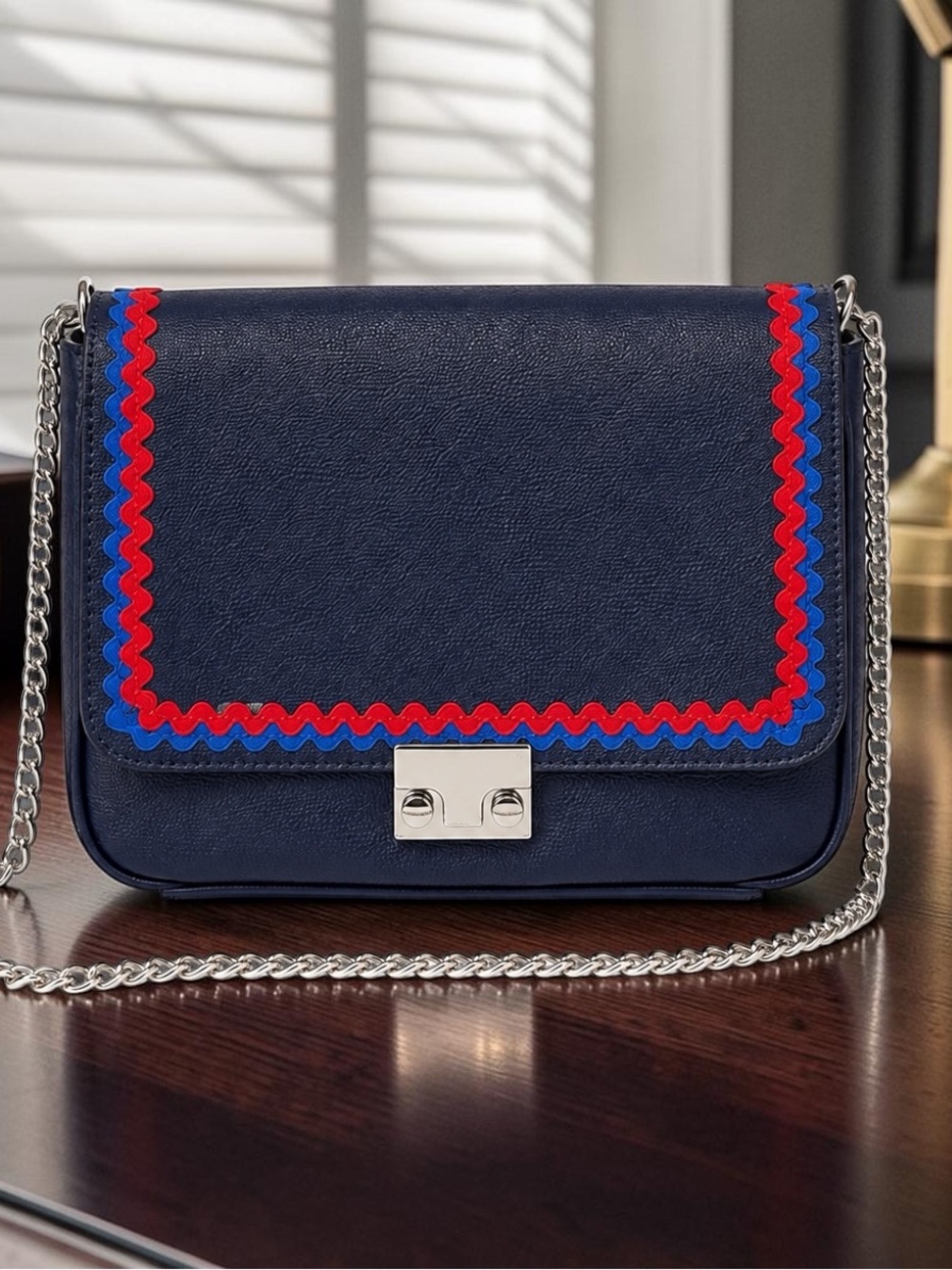 Loeffler Randall Navy Blue Leather Chain Crossbody Bag Red/Blue Ric Rac⁠